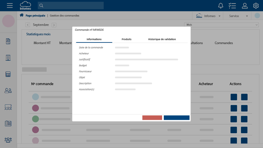 Information d'une commande dans le gestionnaire d'achats Infomeo