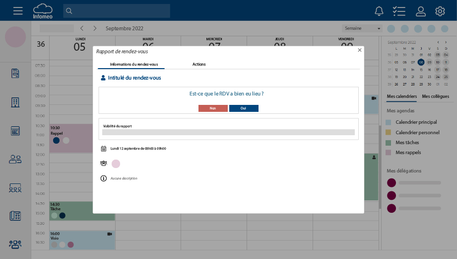 Calendrier Infomeo avec fenêtre Rapport de rendez-vous