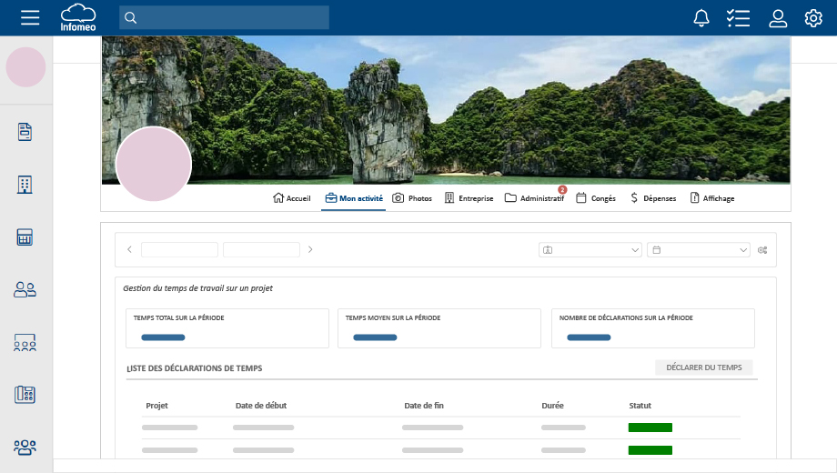 Onglet pour déclarer du temps de travail dans l'espace personnel de Infomeo